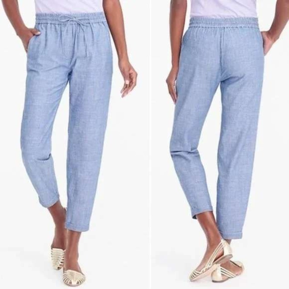 J. Crew Women's Blue Chambray Drawstring Waist Pants Size 4 Cuffed Cropped